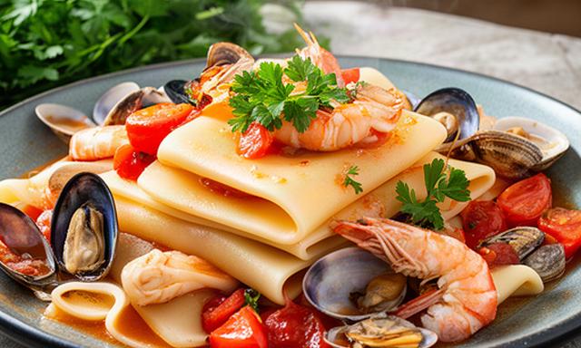 Paccheri allo scoglio con cozze, gamberi e pomodorini del nostro orto