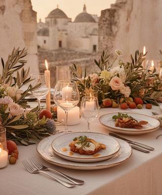 Allestimento per matrimonio pugliese con tovaglia chiara, candele e piatti regionali
